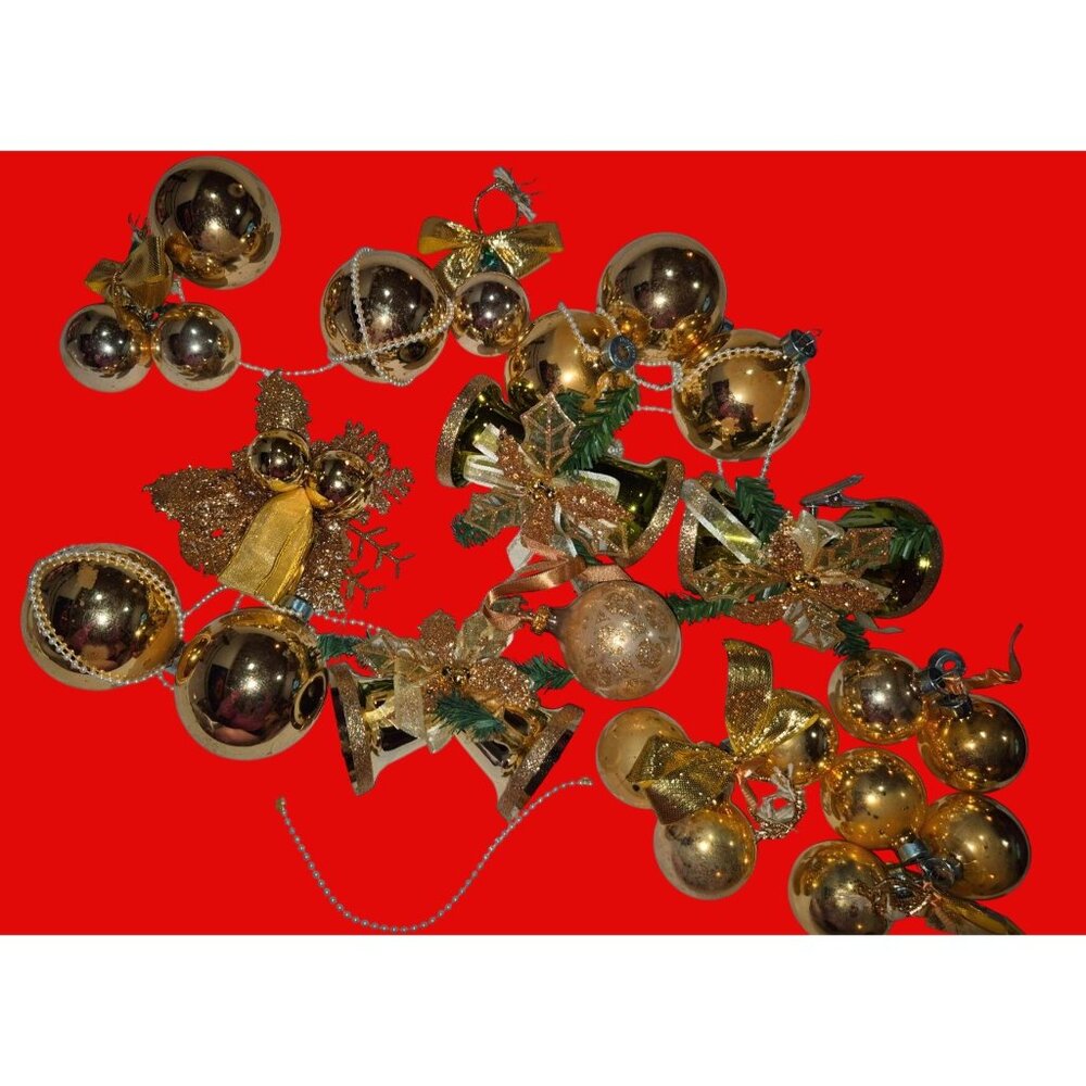 Vintage Gold Christmas Tree Ornaments  Bells Bows Holiday Decorations Assorted S